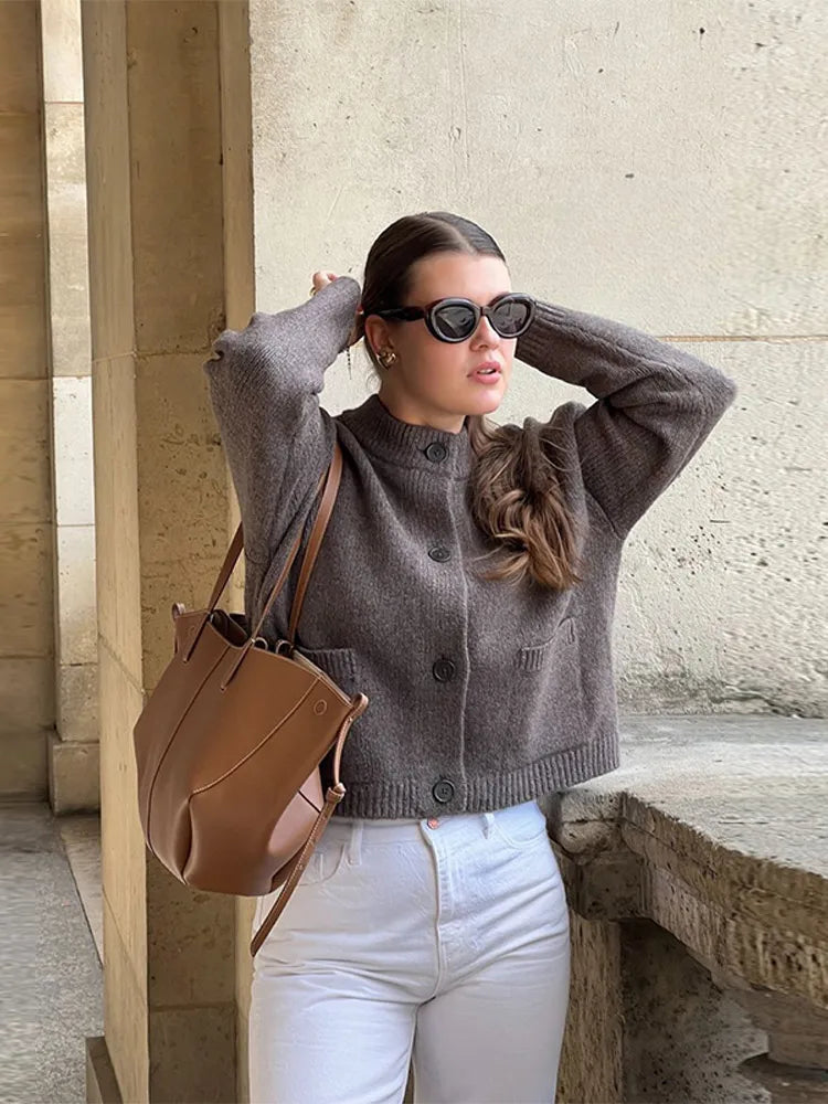 Damen Schwarze Lange Strickjacke – Stilvoller O-Ausschnitt Strickpullover mit Taschen
