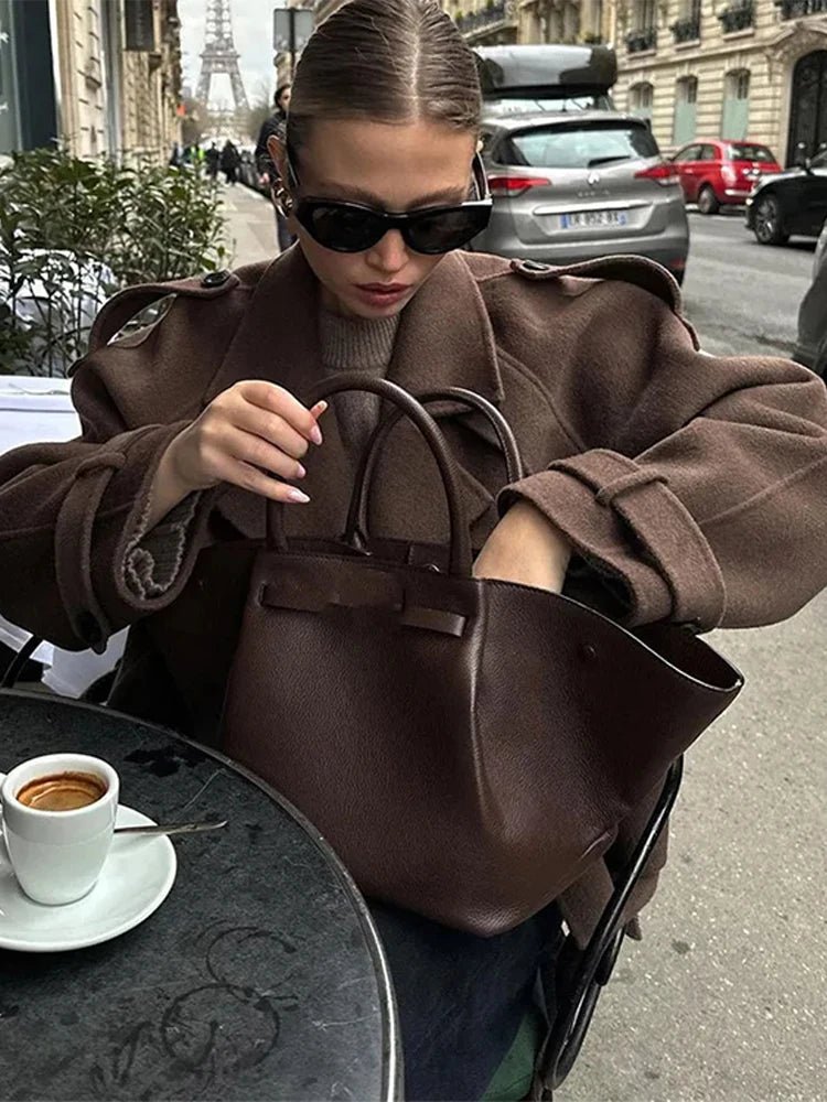 SEAME - Katrina Women's Vintage Double Breasted Short Trench Coat with Lace - Up Design Dark Brown M