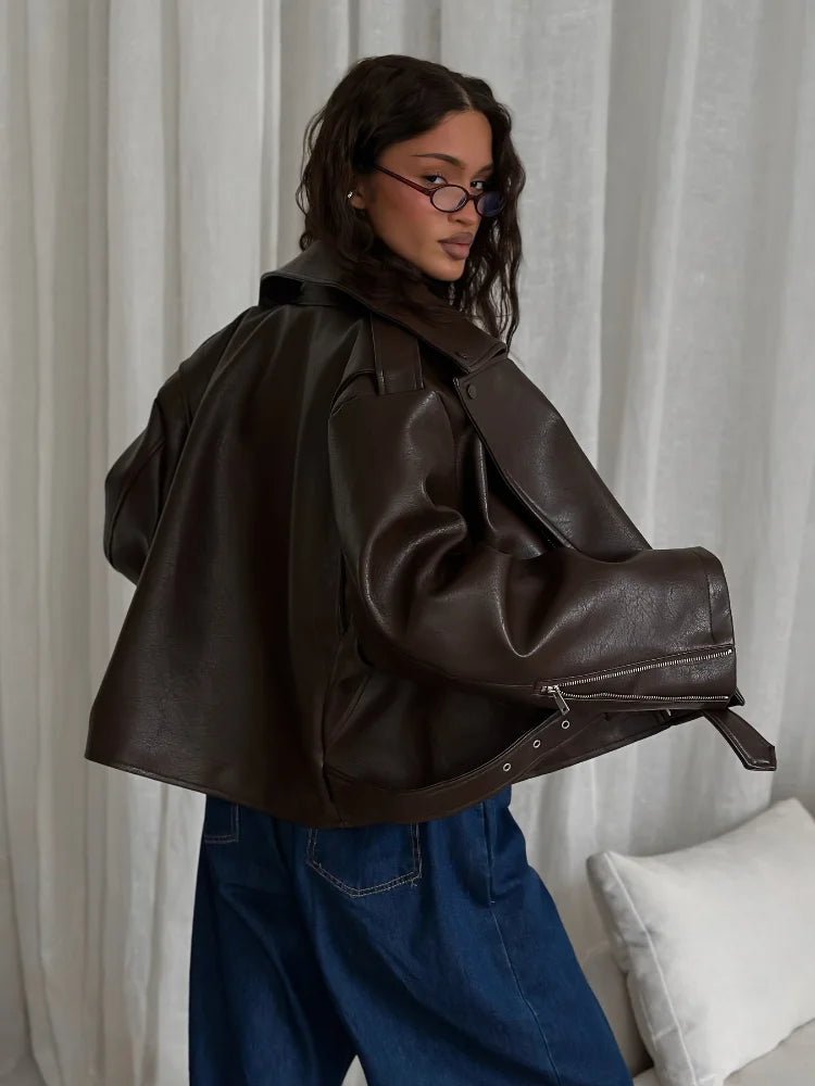 SEAME - Kyla Vegan Leather Jacket Dark Brown M