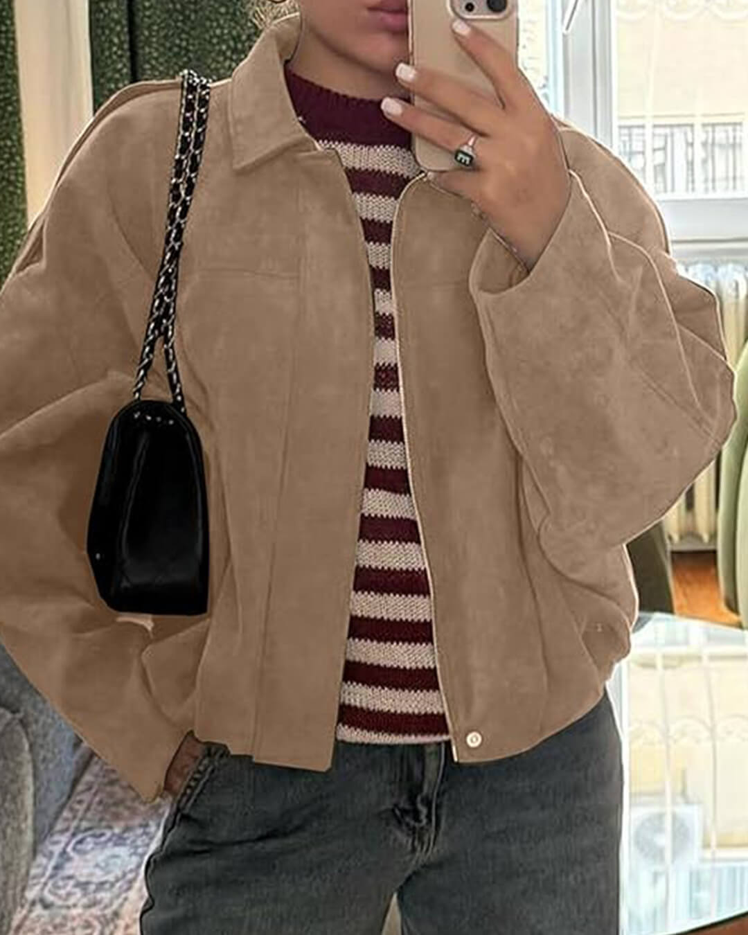 SEAME - Lara Suede Bomber Jacket Beige S