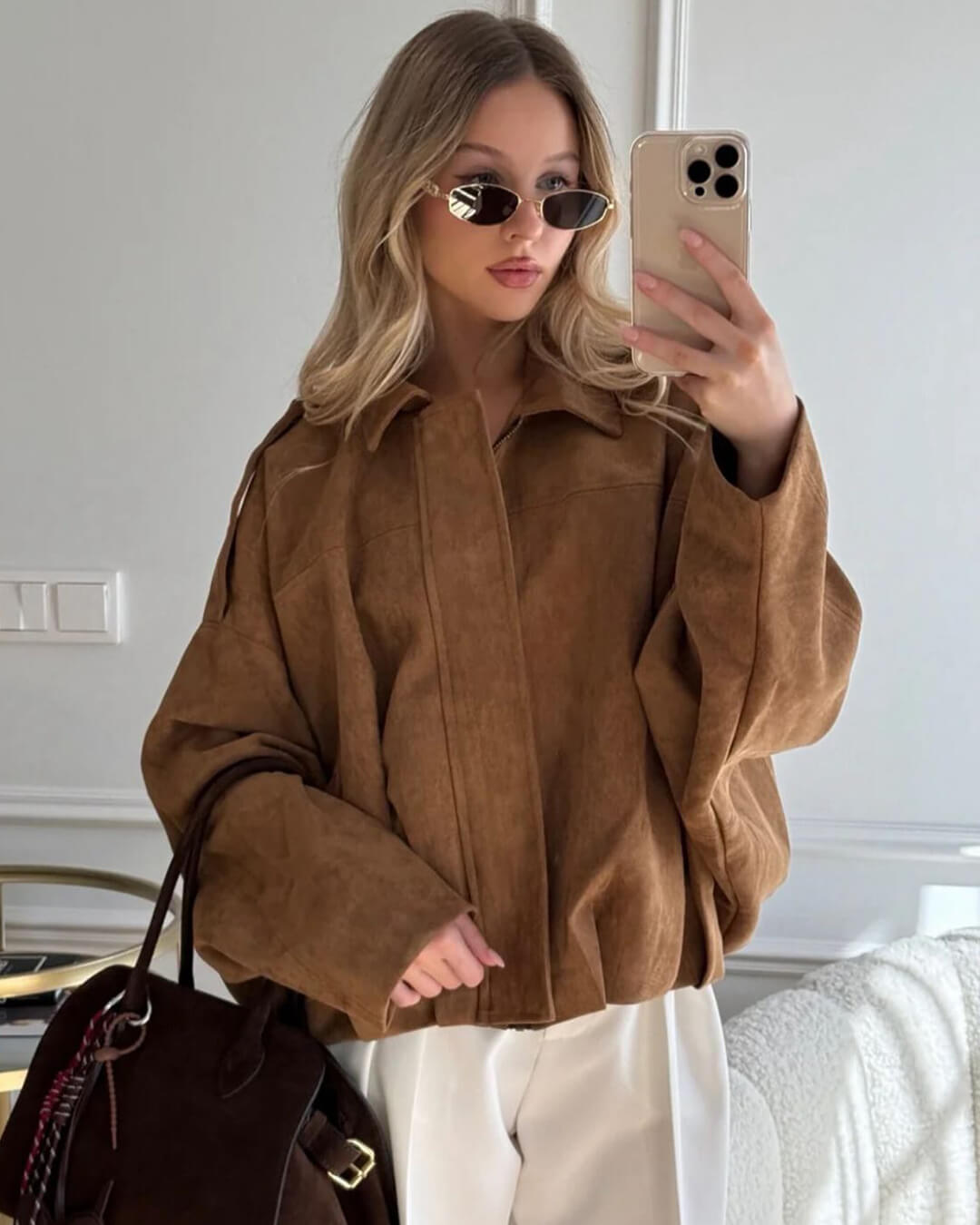 SEAME - Lara Suede Bomber Jacket Brown M