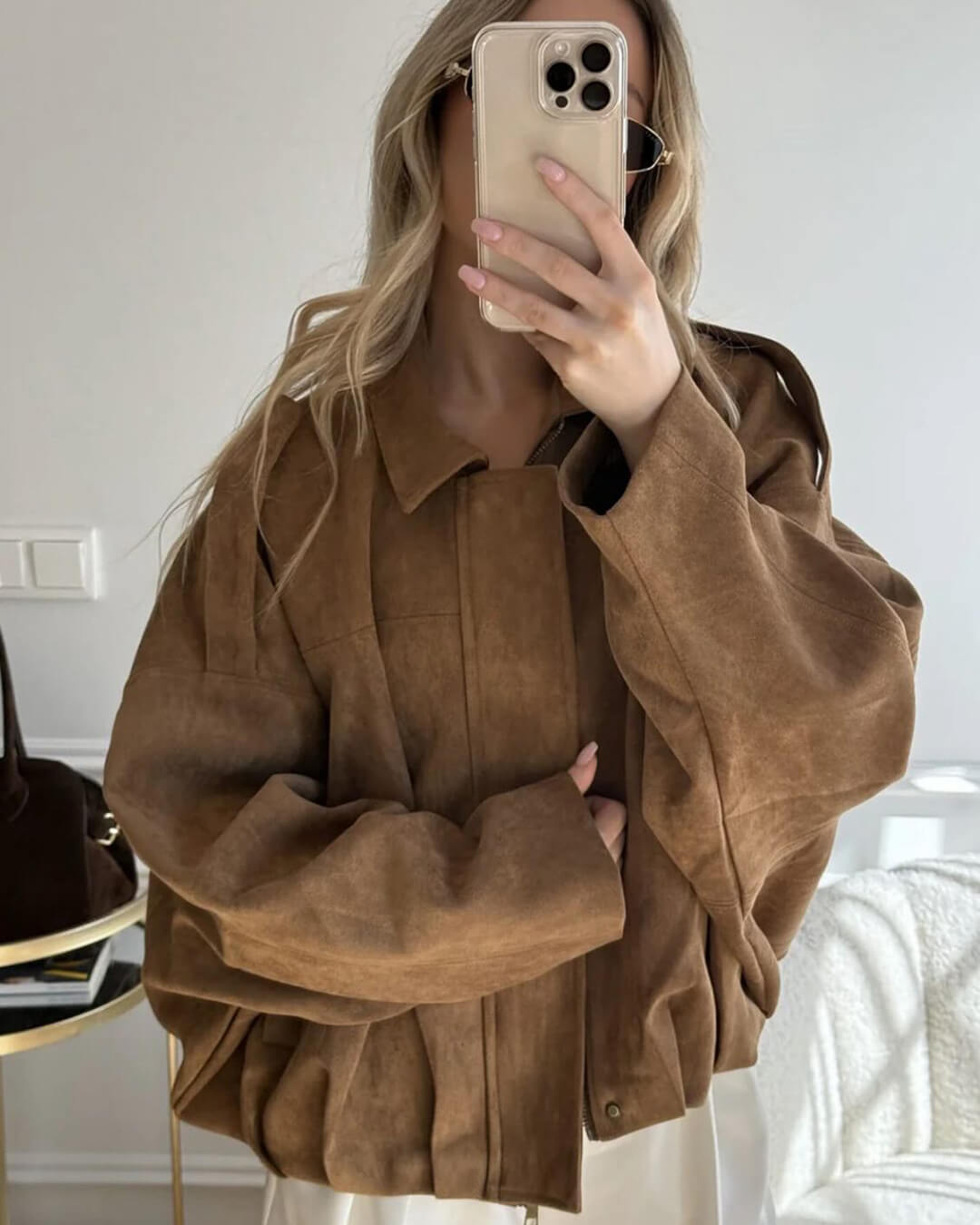 SEAME - Lara Suede Bomber Jacket Brown S