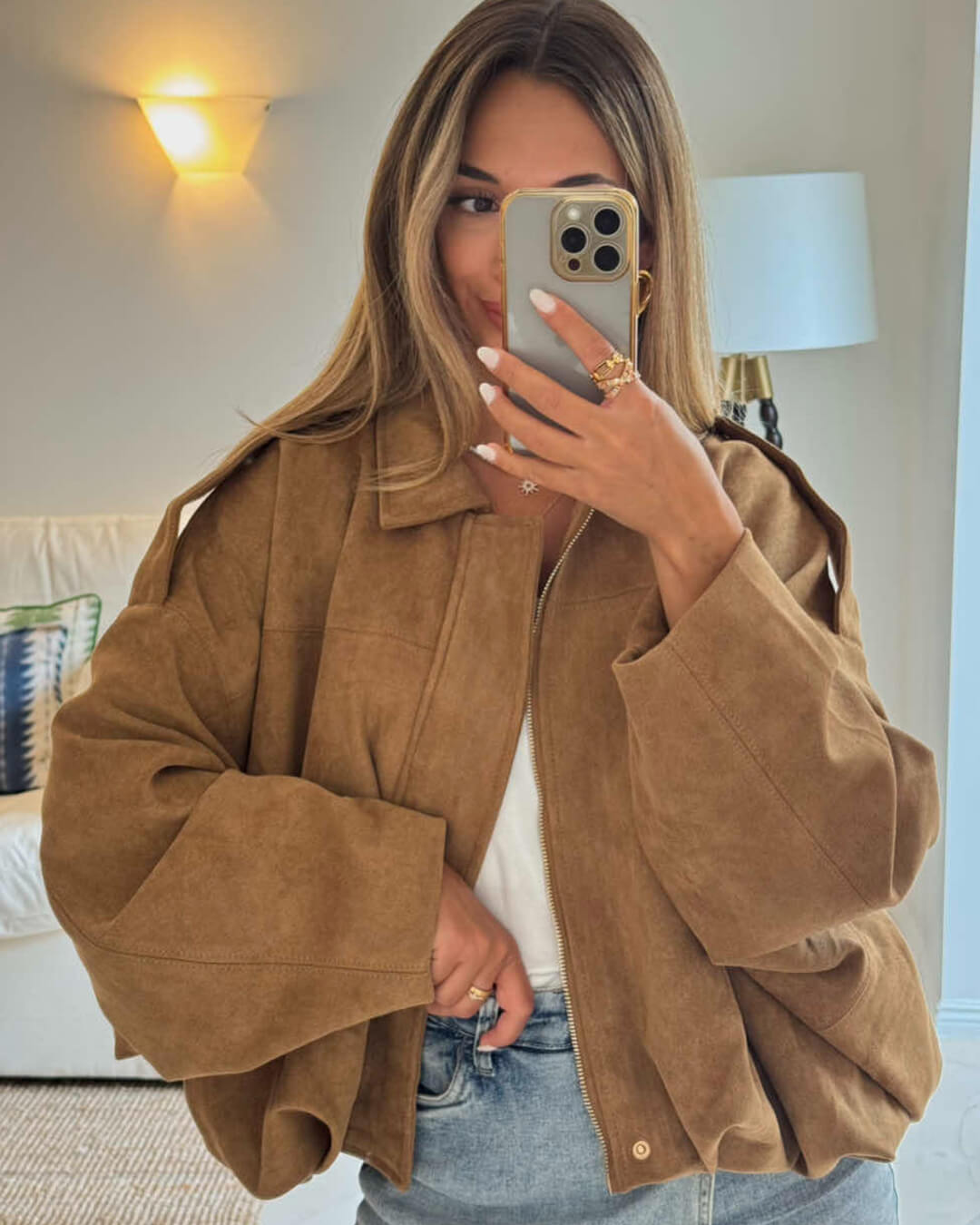 SEAME - Lara Suede Bomber Jacket Creme L