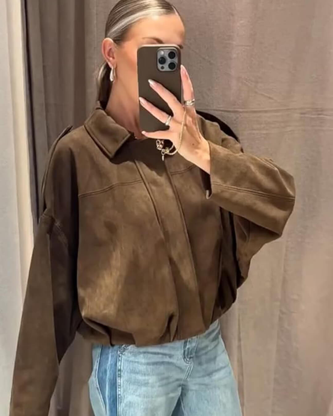 SEAME - Lara Suede Bomber Jacket Green S