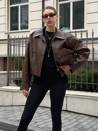 Schicke braune Lederjacke Damen – Locker geschnittener kurzer Mantel mit Reverskragen