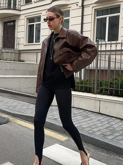Schicke braune Lederjacke Damen – Locker geschnittener kurzer Mantel mit Reverskragen