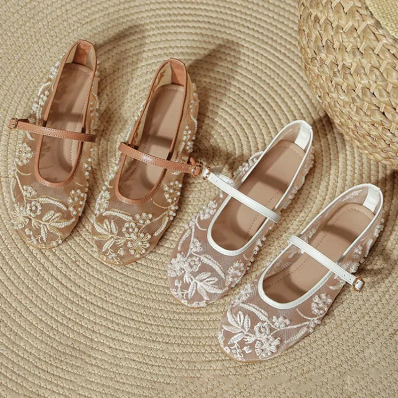 Elegante Perlen Mary Jane Ballerinas für Damen – Leichte Sommer Ballerinas
