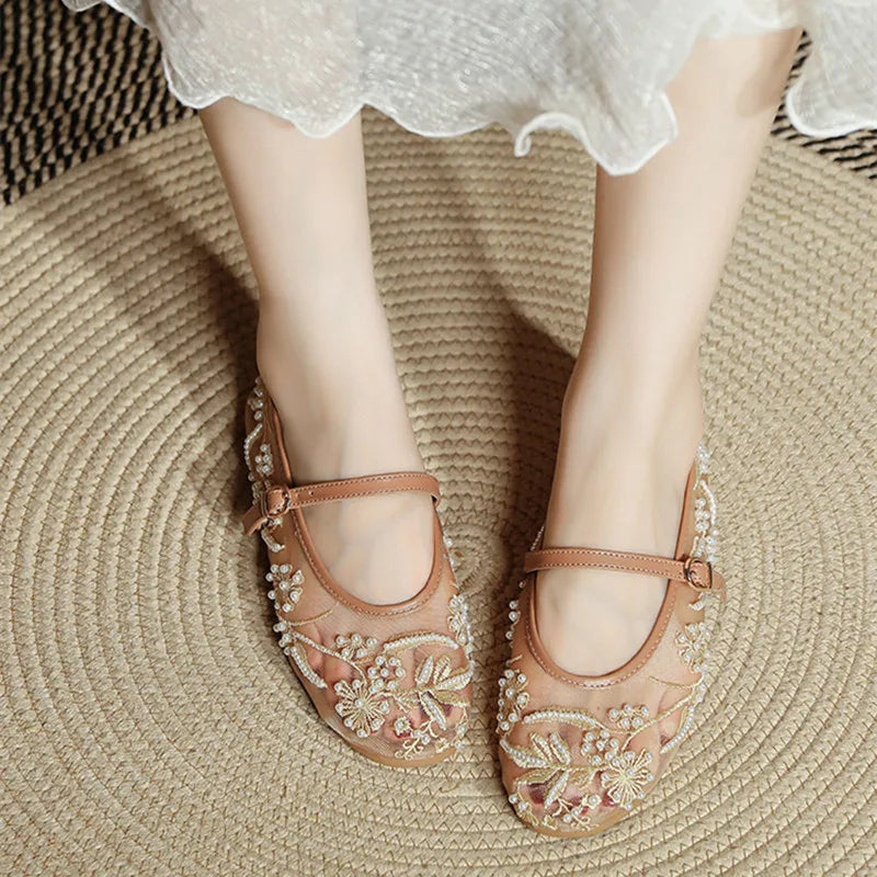 Elegante Perlen Mary Jane Ballerinas für Damen – Leichte Sommer Ballerinas