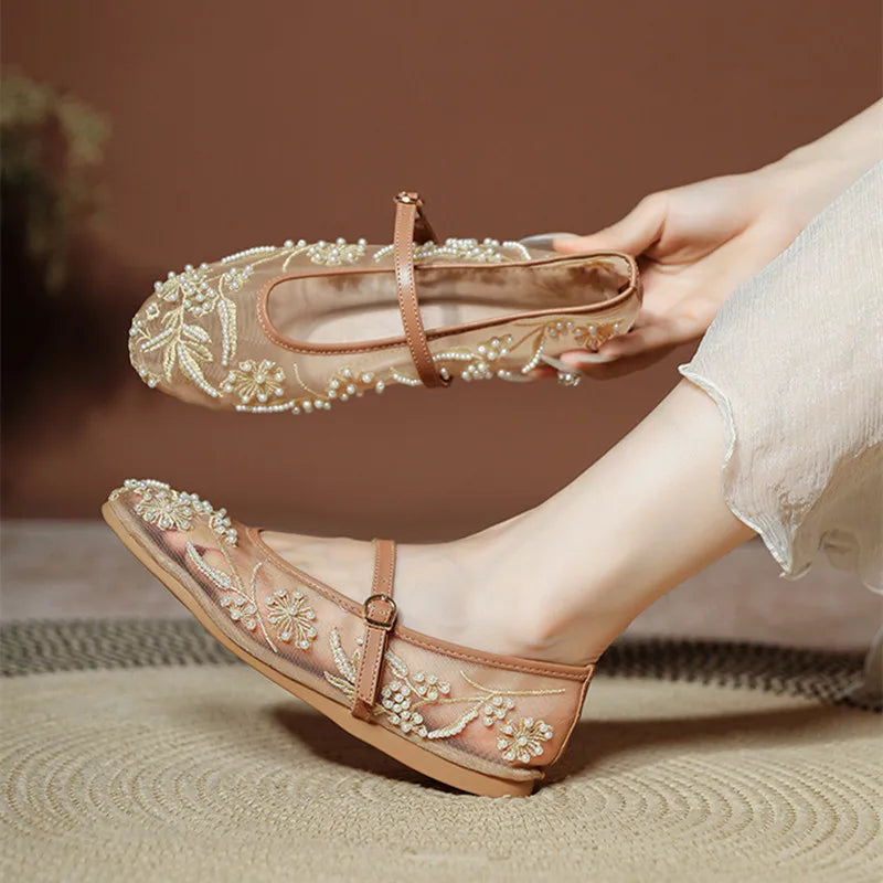 Elegante Perlen Mary Jane Ballerinas für Damen – Leichte Sommer Ballerinas
