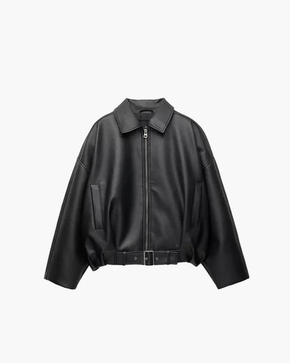 Vintage Damen Leder-Motorradjacke mit Taschen, Gürtel & Reißverschluss