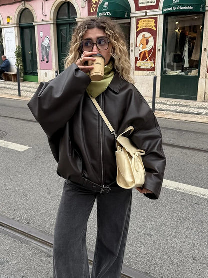 Vintage Damen Leder-Motorradjacke mit Taschen, Gürtel & Reißverschluss