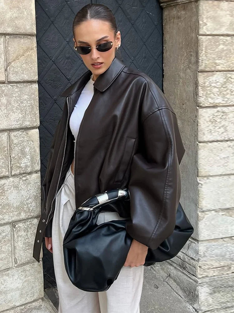 Vintage Damen Leder-Motorradjacke mit Taschen, Gürtel & Reißverschluss