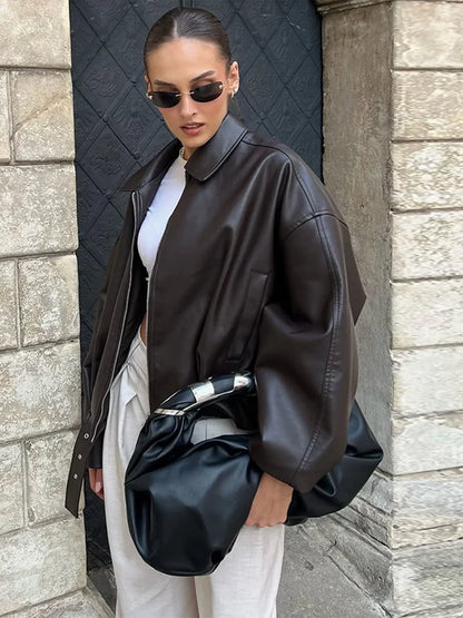 Vintage Damen Leder-Motorradjacke mit Taschen, Gürtel & Reißverschluss