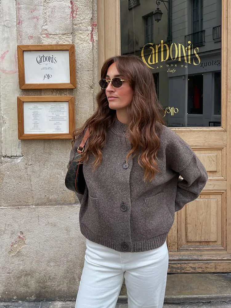 Damen Schwarze Lange Strickjacke – Stilvoller O-Ausschnitt Strickpullover mit Taschen