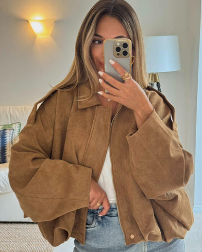 SEAME - Lara Suede Bomber Jacket Creme L