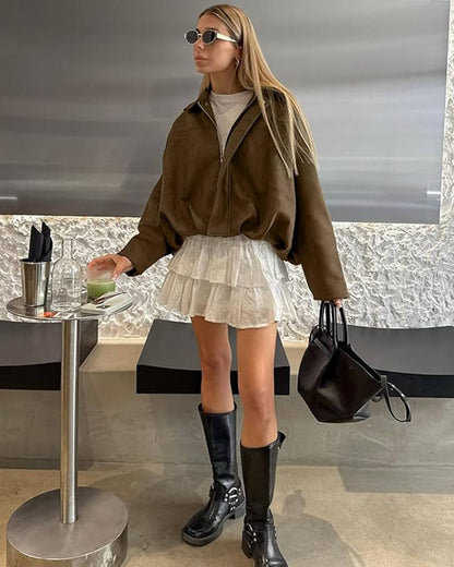 SEAME - Lara Suede Bomber Jacket Creme L
