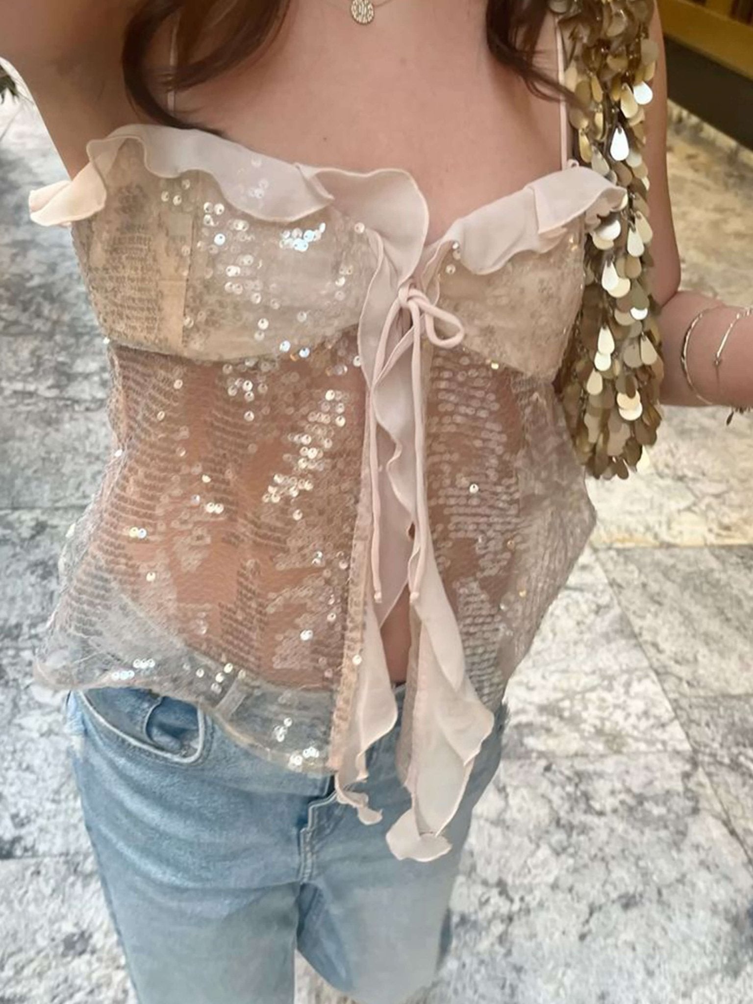 Seame - Melody Sequin Top Creme S